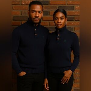 Quick style tips for the navy mockneck Polo sweater.